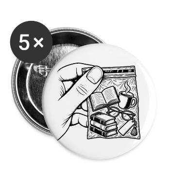 Suchtlesen – Pouch Books, Kaffee & Brille - Buttons groß 56 mm (5er Pack) - Weiß - Vorne