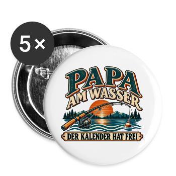 Papa am Wasser  Kalender hat frei | Angler Spruch - Buttons groß 56 mm (5er Pack) - Weiß - Vorne