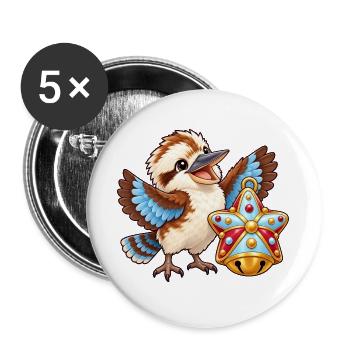 Kookaburra mit bunter Zuckerstern-Glocke - Buttons groß 56 mm (5er Pack) - Weiß - Vorne
