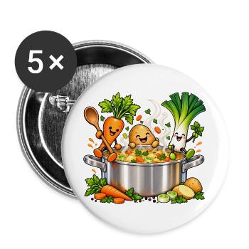Fröhliche Gemüsefreunde kochen Suppe  - Buttons groß 56 mm (5er Pack) - Weiß - Vorne