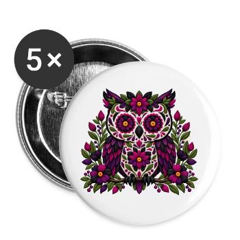 Gotische Blumen-Zuckerschädel-Eule | Pyrenees Line Labor - Buttons groß 56 mm (5er Pack) - Weiß - Vorne