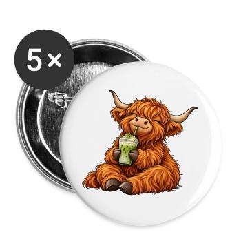 Highland Cattle mit Matcha Latte – Kuhmotiv - Buttons groß 56 mm (5er Pack) - Weiß - Vorne