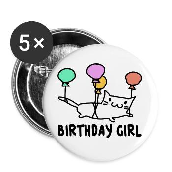 Katze mit Ballons Birthday Girl Geschenk - Buttons groß 56 mm (5er Pack) - Weiß - Vorne