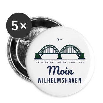 Moin Wilhelmshaven – Brücke Hafen Nordsee Motiv - Buttons groß 56 mm (5er Pack) - Weiß - Vorne
