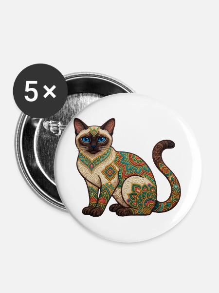 Bunte Mandala-Katze - Buttons groß 56 mm (5er Pack) - Weiß