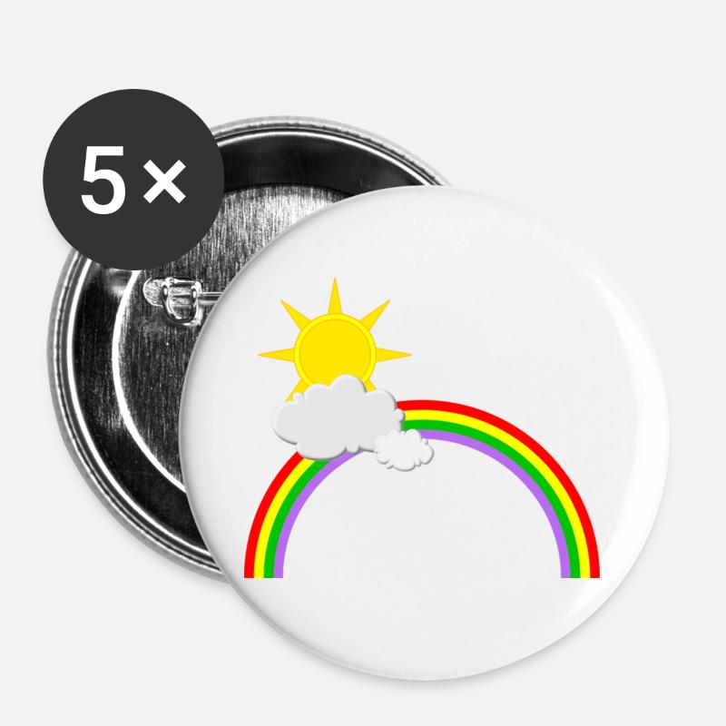Regenbogen, Sonne, Wolken - Buttons groß 56 mm (5er Pack) - Weiß