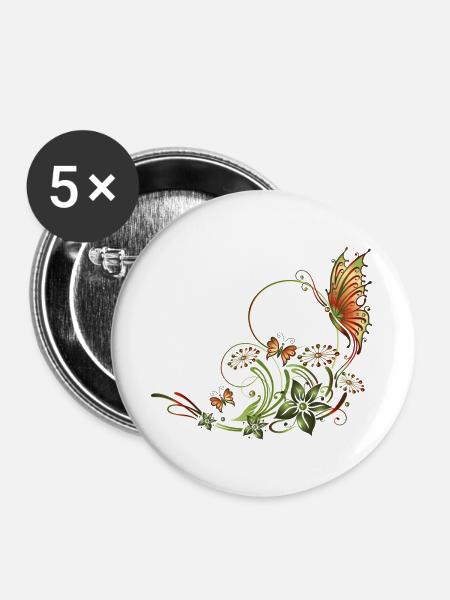 Schmetterlinge mit floralen Elementen - Buttons groß 56 mm (5er Pack) - Weiß