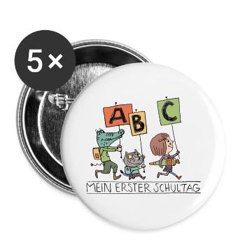 Erster Schultag ABC Abenteuer - Buttons groß 56 mm (5er Pack) - Weiß - Vorne