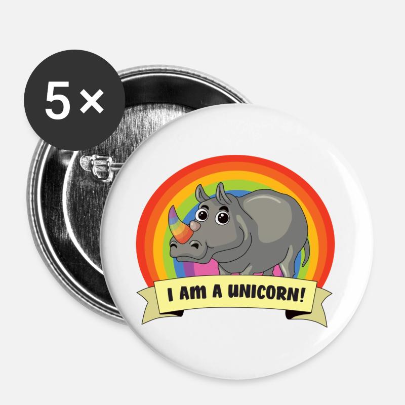 Nashorn I am a Unicorn Einhorn vor Regenbogen - Buttons groß 56 mm (5er Pack) - Weiß