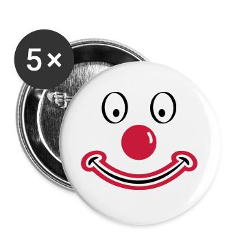 Clownsgesicht mit roter Nase. Clownsgesicht - Buttons groß 56 mm (5er Pack) - Weiß - Vorne