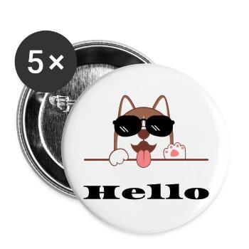 Chien joyeux avec lunettes de soleil, Hello - Lot de 5 grands badges (56 mm) - blanc - Devant