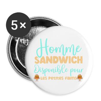 Homme sandwich disponible pour les petites faims - Lot de 5 grands badges (56 mm) - blanc - Devant