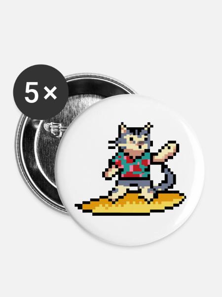 Surfkatze, Pixelkunst - Buttons groß 56 mm (5er Pack) - Weiß