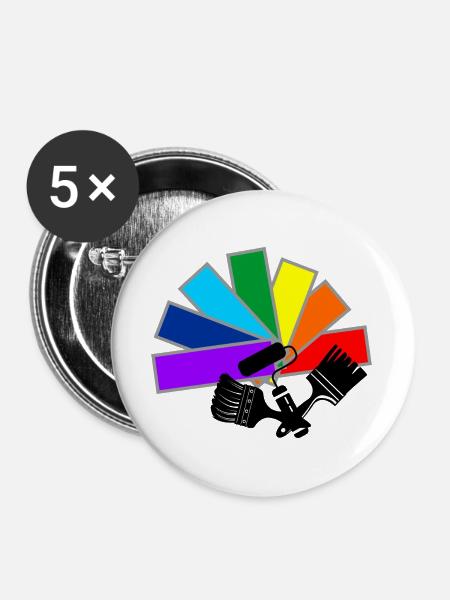 Farbfächerdeck mit Schattenpinseln und Rollenlogo - Buttons groß 56 mm (5er Pack) - Weiß