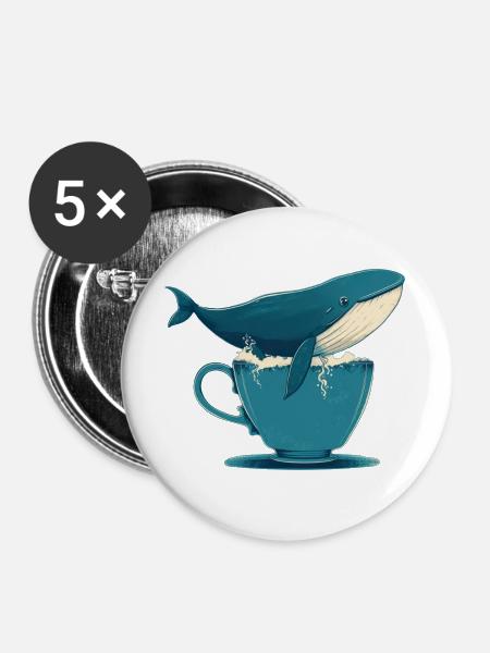Wal in Teetasse - Buttons groß 56 mm (5er Pack) - Weiß