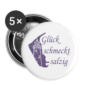 Glück schmeckt salzig – Amrum Nordsee Insel Design - Buttons groß 56 mm (5er Pack) - Weiß - Vorne