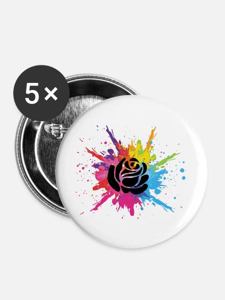 Schwarze Blume und mehrfarbige Explosion - Buttons groß 56 mm (5er Pack) - Weiß