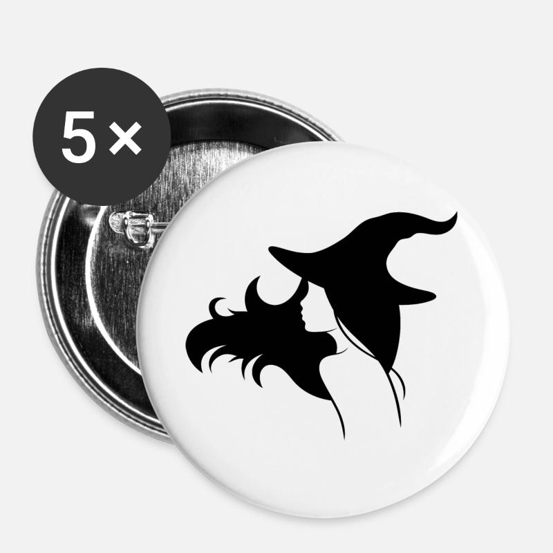 Hexe mit offenen Haaren und einem Hut - Buttons groß 56 mm (5er Pack) - Weiß