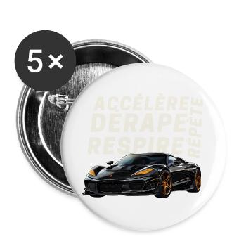 Voiture sport et lettres dynamiques - Lot de 5 grands badges (56 mm) - blanc - Devant