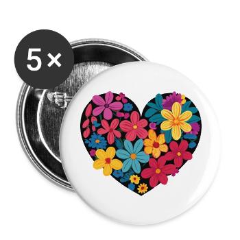 Amour - Fleurs - Cœur - Lot de 5 grands badges (56 mm) - blanc - Devant