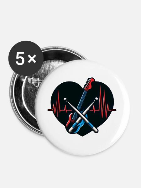 Heartbeat & Drum Drumsticks T-Shirt - Buttons groß 56 mm (5er Pack) - Weiß