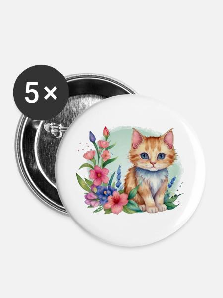 Kätzchen in einer Blumenwiese - Buttons groß 56 mm (5er Pack) - Weiß