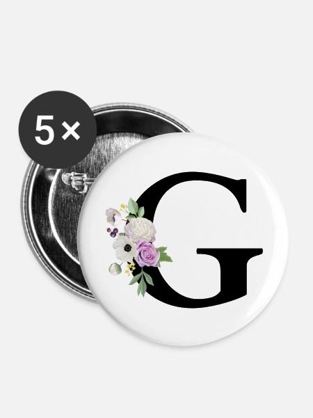 Lila Blumenbuchstabe g - Buttons groß 56 mm (5er Pack) - Weiß