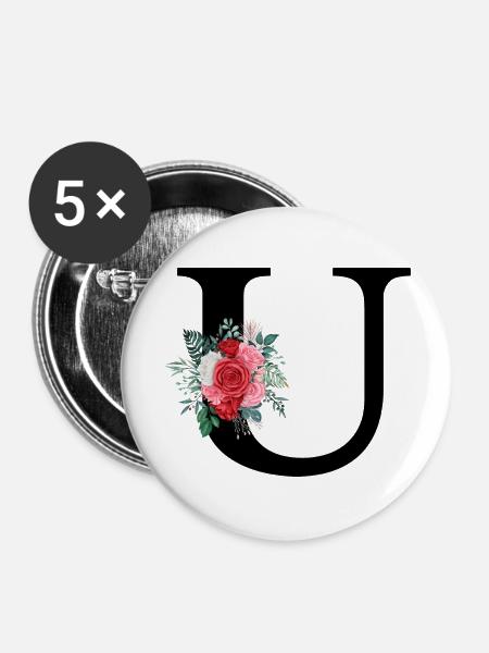 Roter floraler U-Buchstabe - Buttons groß 56 mm (5er Pack) - Weiß
