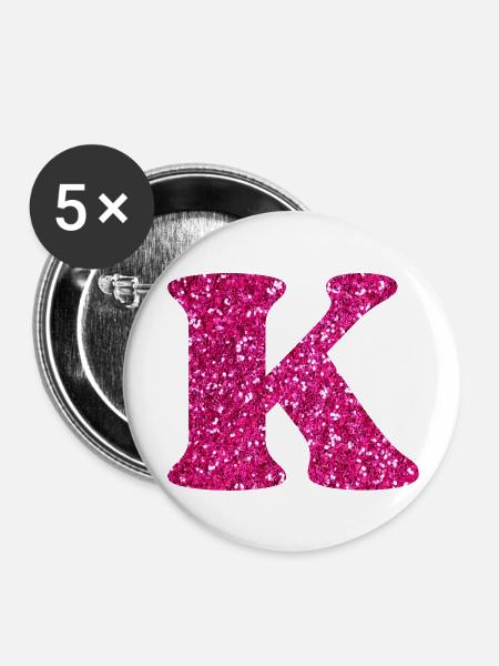 Buchstabe k rosa Glitzer - Buttons groß 56 mm (5er Pack) - Weiß