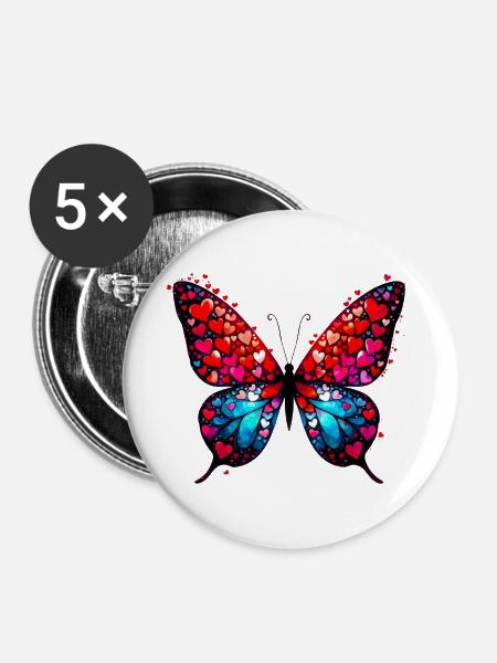 Schmetterling mit Herzen - Buttons groß 56 mm (5er Pack) - Weiß