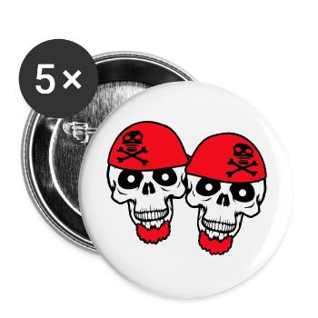 2 Piraten Schädel Skelett Totenkopf Halloween Team - Buttons groß 56 mm (5er Pack) - Weiß - Vorne