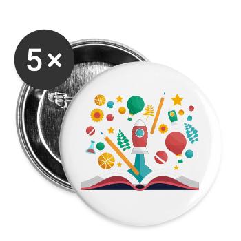 Livre ouvert avec des objets scolaires, apprendre et éduquer - Lot de 5 grands badges (56 mm) - blanc - Devant