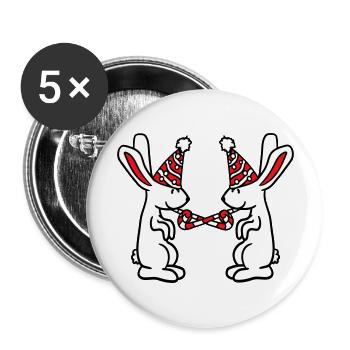 2 lapins anniversaire équipe cadeau crapaud chapeau de fête - Lot de 5 grands badges (56 mm) - blanc - Devant