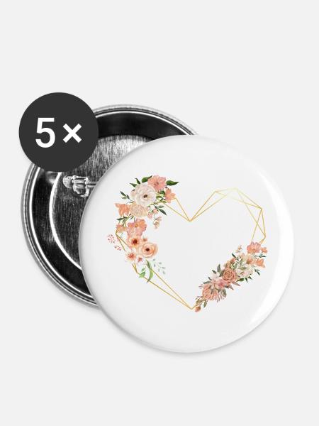 Blumen Goldenes Herz Brief - Buttons groß 56 mm (5er Pack) - Weiß