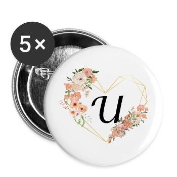 Blumen Goldenes Herz U Buchstabe - Buttons groß 56 mm (5er Pack) - Weiß - Vorne