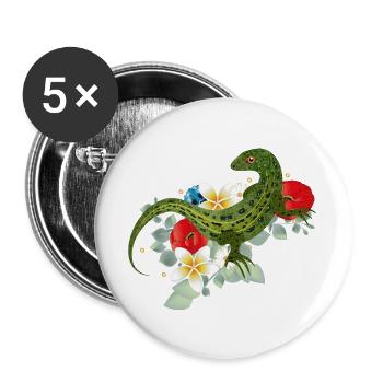 Grüne Eidechse auf Blumen botanisches Motiv - Buttons groß 56 mm (5er Pack) - Weiß - Vorne