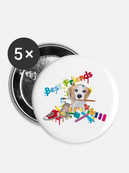 Bunter Freundschaftsgruß mit Beagle & Spielzeug - Buttons groß 56 mm (5er Pack) - Weiß