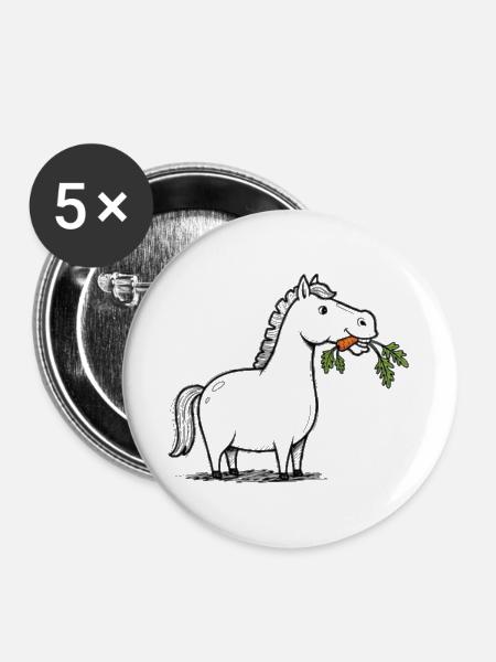 Karikatur Pferd mit Karotte - Buttons groß 56 mm (5er Pack) - Weiß
