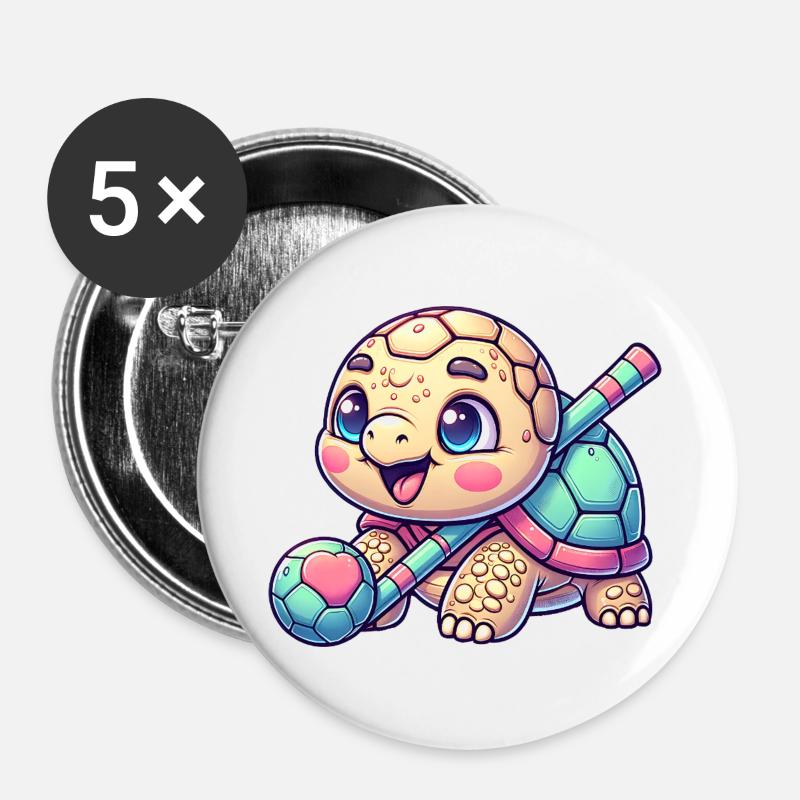Cute turtle with hockey stick and ball - Buttons large 2.2''/56 mm (5-pack) - white
