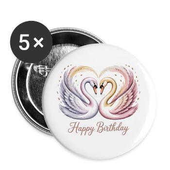 Geburtstags Shirt mit romantischen Schwänen - Buttons groß 56 mm (5er Pack) - Weiß - Vorne