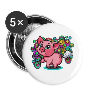 Furz-Schwein mit Regenbogenwirbel - Buttons groß 56 mm (5er Pack) - Weiß - Vorne