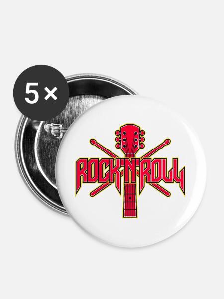 RocknRoll-Gitarren- und Drumsticks-Wappen - Buttons groß 56 mm (5er Pack) - Weiß