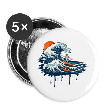 Dynamische Surf Illustration auf kraftvoller Welle - Buttons groß 56 mm (5er Pack) - Weiß - Vorne
