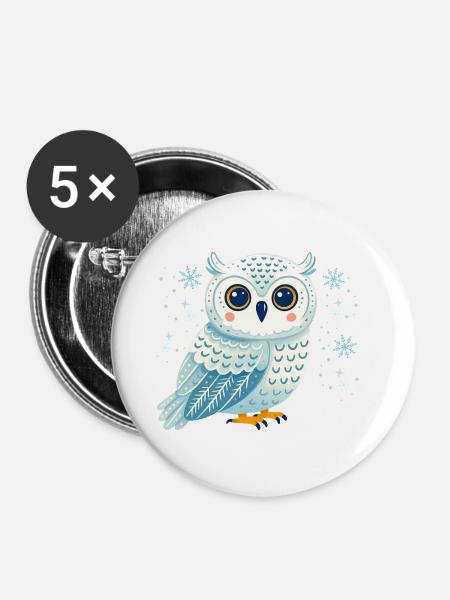 Wintereule in Schneeflocken - Buttons groß 56 mm (5er Pack) - Weiß