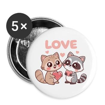 Duo Cats and Raccoons Hearts of Love - Buttons large 2.2''/56 mm (5-pack) - white - Front