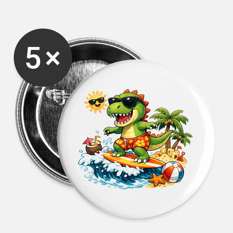 Dinosaur Surfer Fun Illustration for Kids - Buttons large 2.2''/56 mm (5-pack) - white