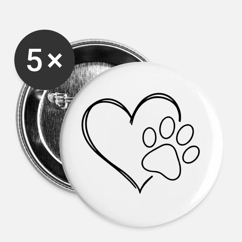Herz und Pfote - Buttons groß 56 mm (5er Pack) - Weiß