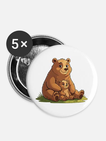 Sanfte Bärenmutter mit Jungem - Buttons groß 56 mm (5er Pack) - Weiß