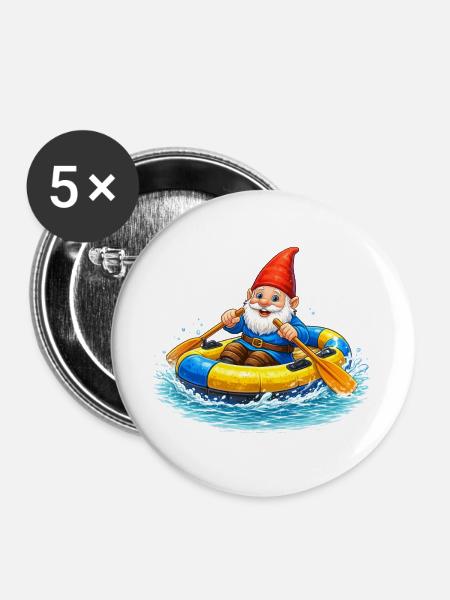Gartenzwerg im Schlauchboot auf Sommerabenteuer - Buttons groß 56 mm (5er Pack) - Weiß