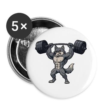 Starker Husky mit Hantel Fitness Bodybuilding - Buttons groß 56 mm (5er Pack) - Weiß - Vorne